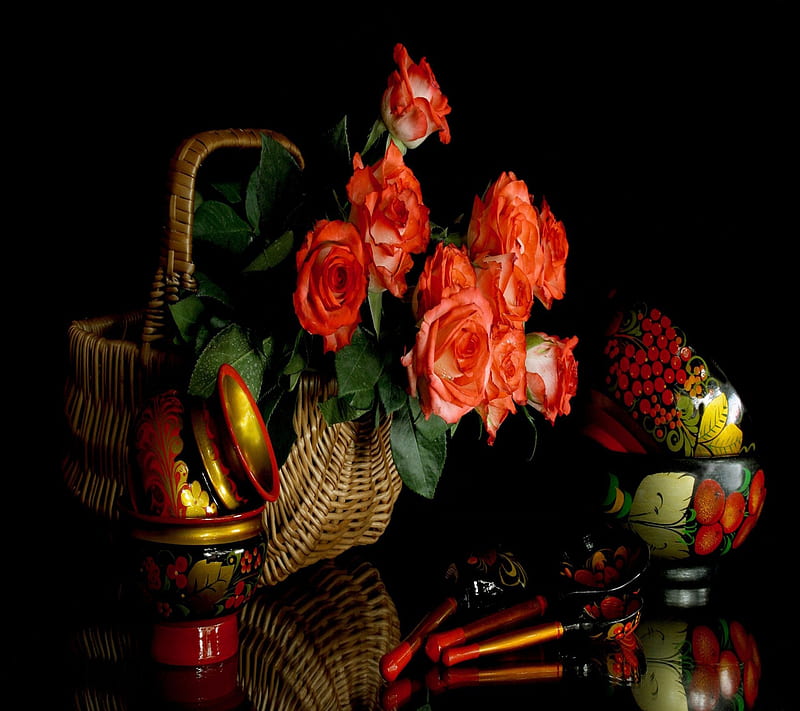 roses basket, accessories, cool, orange, red, utensils, HD wallpaper