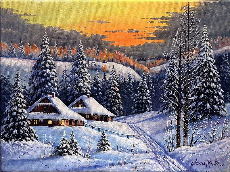 Winter Wonderland, cottages, snow, painting, sunset, trees, landscape, HD wallpaper