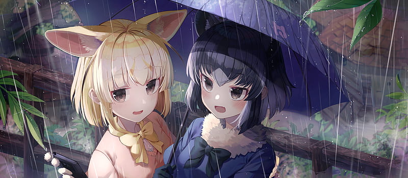 common raccoon, fennec, kemono friends, raining, animal ears, umbrella, fox girl, Anime, HD wallpaper