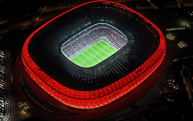 Allianz Arena, Munich, FC Bayern Munich stadium, night, red illumination, top view, German stadium, Bavaria, Germany, Bundesliga, Bayern Munich, HD wallpaper