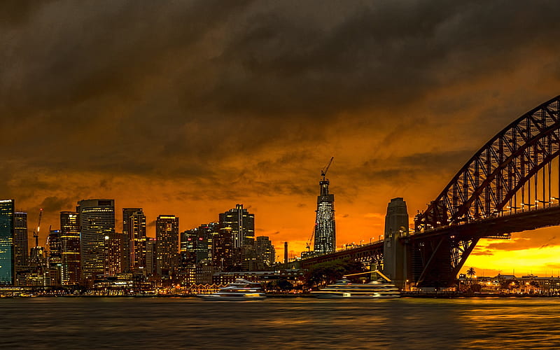 Sydney, evening, sunset, skyscrapers, skyline, Sydney panorama, Sydney Harbour Bridge, Australia, HD wallpaper