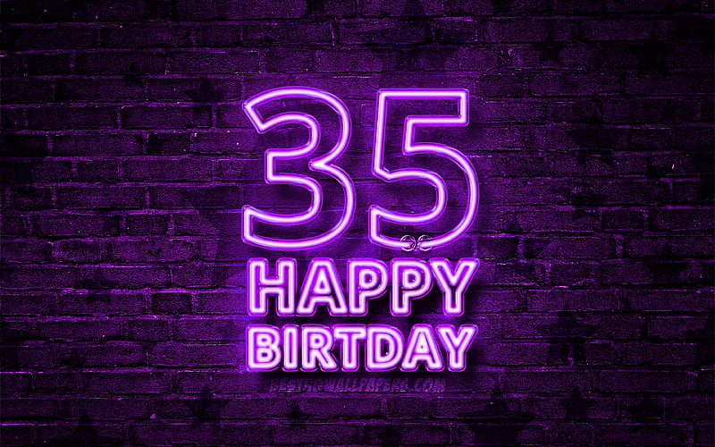 Happy 35 Years Birtay violet neon text, 35th Birtay Party, violet brickwall, Happy 35th birtay, Birtay concept, Birtay Party, 35th Birtay, HD wallpaper