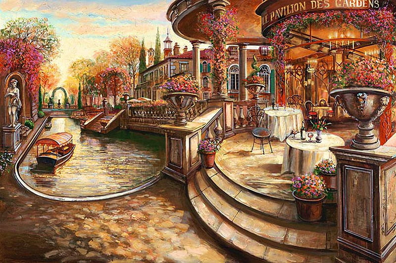 Paris Restaurant, water, tables, boat, houses, chairs, stairs, trees, artwork, HD wallpaper