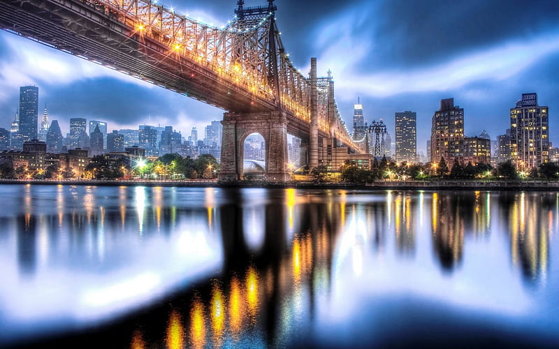 Manhattan, Queensboro Bridge, skyscrapers, night, Roosevelt Island, NYC ...