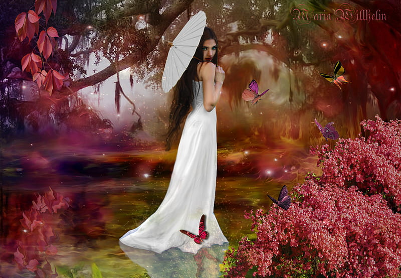 Bella Fantasia, red, colorful, umbrella, bonito, magic, woman, fantasy,  butterfly, HD wallpaper | Peakpx