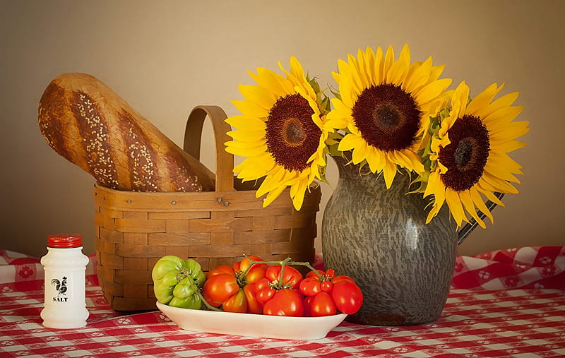 Still life with sunflowers, Sunflowers, Tomatoes, Basket, Bread, Vase, HD wallpaper