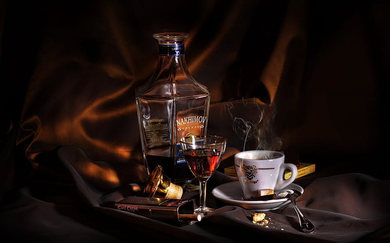Cognac and Coffee, cup, cognac, coffee, bottle, HD wallpaper