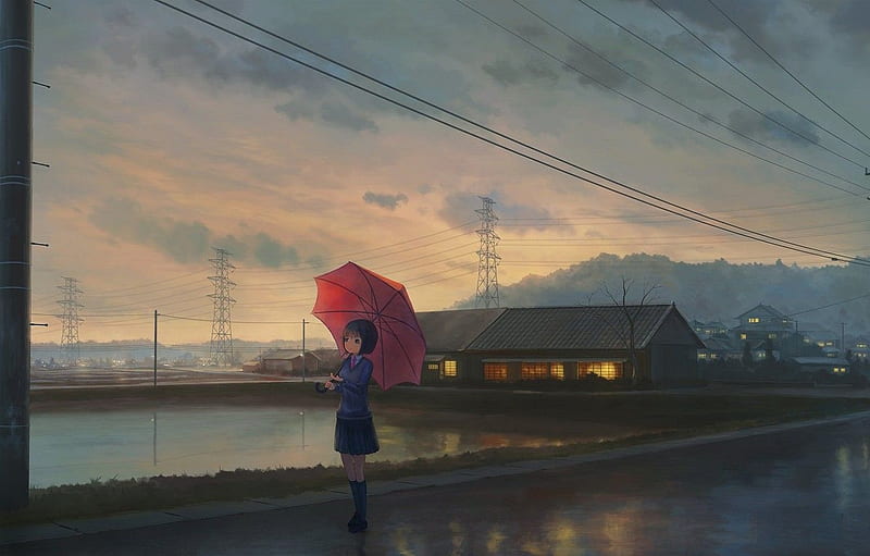 posts, wire, home, the evening, Japan, Power lines, schoolgirl, waiting, pond, asphalt after the rain, red umbrella, the light in the Windows, the suburbs, cloudy sky for , section арт, HD wallpaper