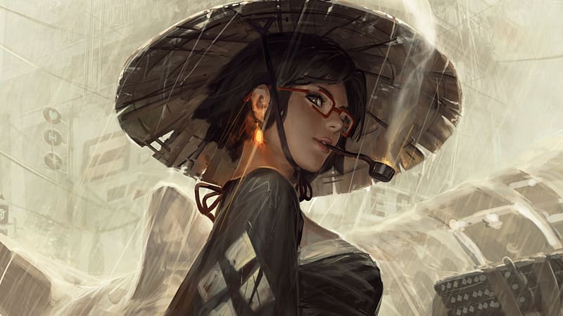 Guweiz Fantasy Art Samurai Face Girl Warrior Hat Glasses Hd