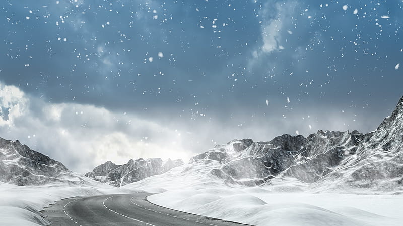 Winter Drive, winter, hills, drive, blacktop, mountains, road, sky, HD wallpaper
