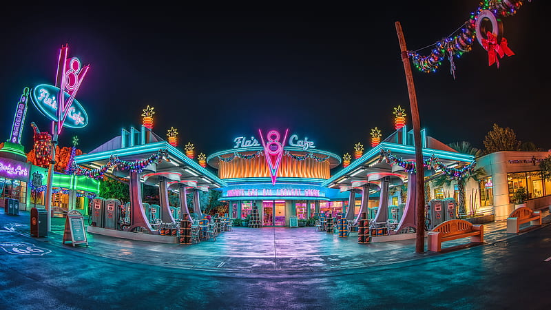 Flos V8 Cafe, night, illuminations, Disney California Adventure Park, America, USA, HD wallpaper