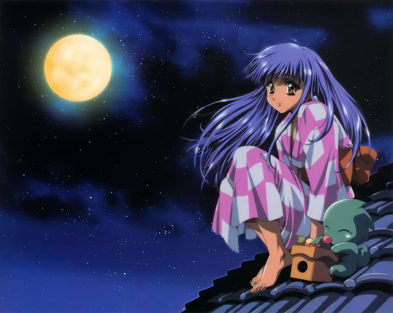 Roof Top, pretty cg, bonito, sweet, nice, moon, anime, beauty, anime girl, long hair, night, female, roof, lovely, sky, rooftop, sit, girl, blue hair, sitting, HD wallpaper