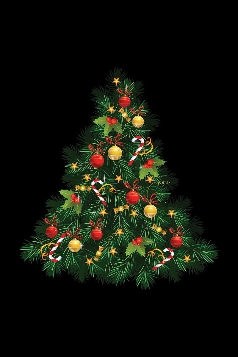 Merry Christmas, christmas tree, gifts, christmas, ornaments, lights, candy cane, vintage, HD phone wallpaper