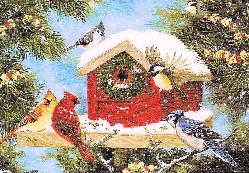 Winter Bird Feeder, cardinals, blue jays, chickadees, snow, birds, trees, artwork, winter, painting, HD wallpaper