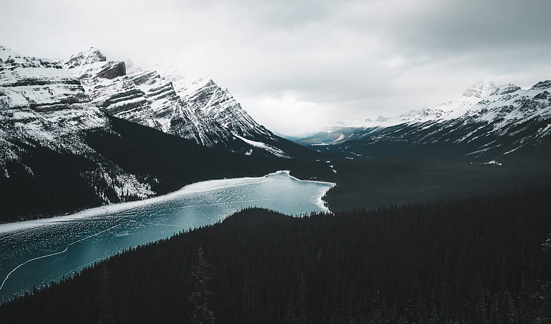 mountains, lake, frozen, forest, landscape, HD wallpaper