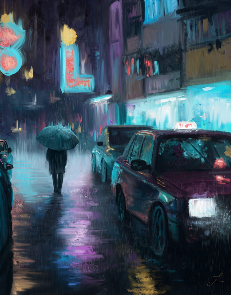 night city, rain, art, painting, silhouette, street, carros, HD phone wallpaper