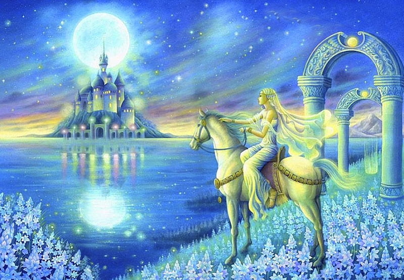 Night wishes, colorful, art, amazing, wish, bonito, horse, lake, fantasy, moon, girl, magical, flower, awesome, color, castle, ssplendor, HD wallpaper