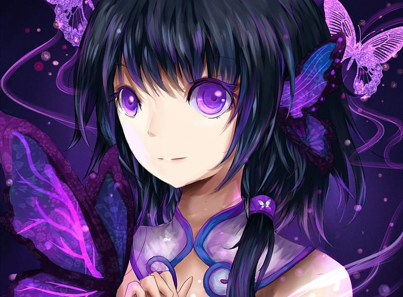 Lovely Anime Original, Braid, Blue, Eyes, Sweet, Pretty, Purple,  Butterflies, HD wallpaper | Peakpx