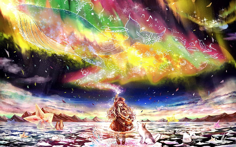 AKABANE(ZEBRASMISE), Brown Outfit, Rainbow, Blonde Hair, Colorful, Animal, Female, Ice, Solo, Winter, Iceberg, Aurora Borealis, Dog, Blue Hair, Long Hair, North Pole, Hat, Husky, Night, Night Sky, Scenery, Sky, Star, Animal In The Sky, Fantasy, Magic, Mountains, Whale, Crystal, Aquatic, Boots, Surreal, HD wallpaper