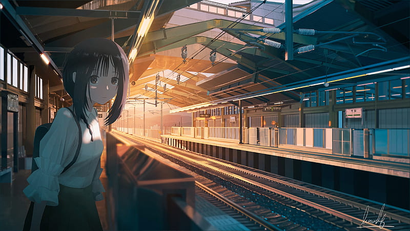 anime scenery, train station, girl, school uniform, sunset, Anime, HD wallpaper