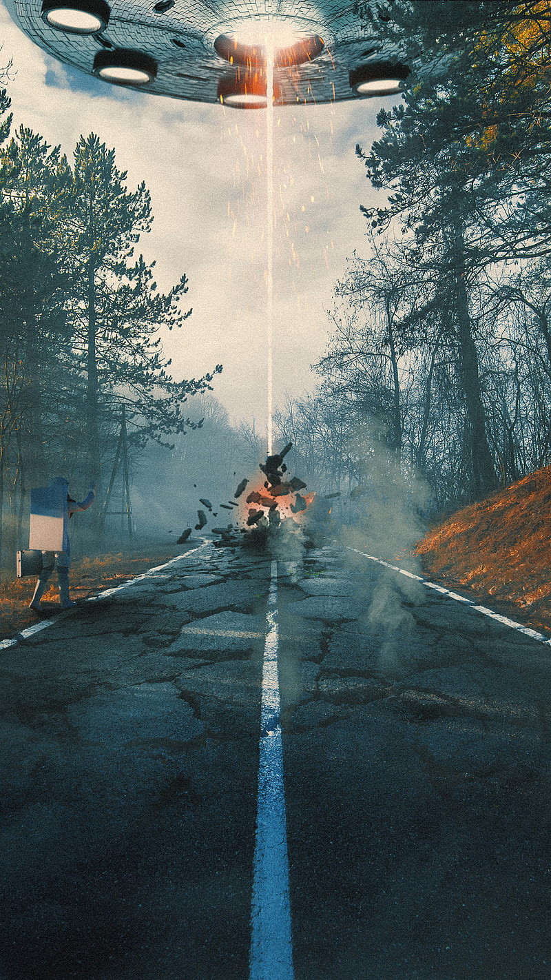 Hitchhiking, SKB, alien, astronaut, cosmonaut, dystopian, forest, mist, road, scifi, space, spaceship, star, ufo, universe, HD phone wallpaper