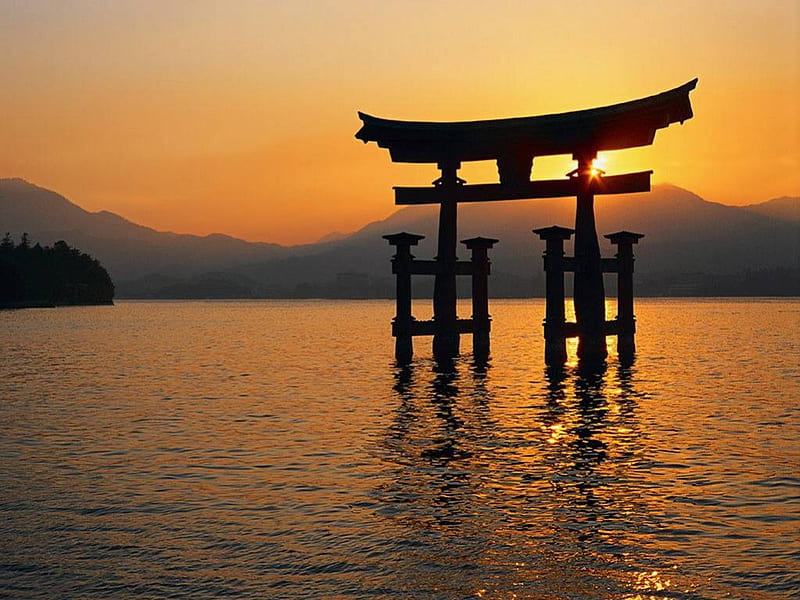 Itsukushima Shrine, gate, japan, torii, sunset, old, sea, HD wallpaper