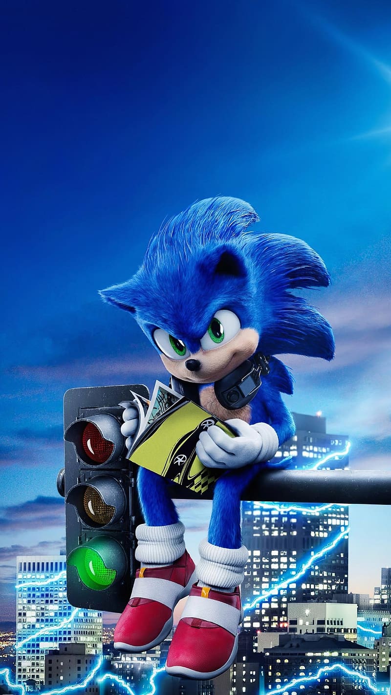 Sonic Movie 3, Sonic the Hedgehog Sitting On Traffic Signal, sonic the hedgehog, sonic sitting on traffic signal, animated, HD phone wallpaper