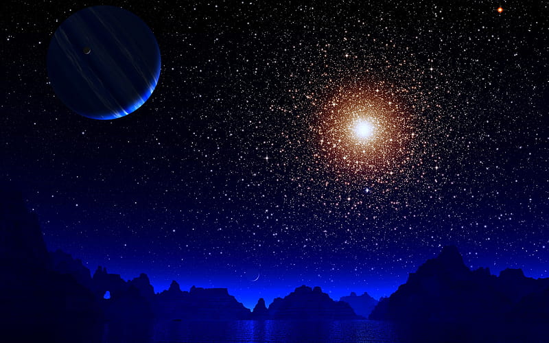 Blue Night Moon Stars Earth , earth, stars, moon, night, digital-universe, artist, digital-art, artwork, HD wallpaper