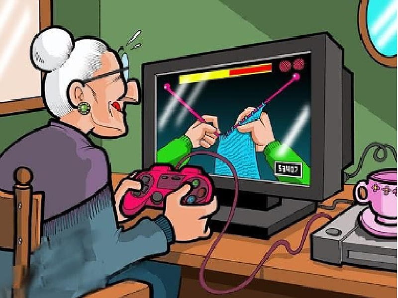 Grandma Loves To Play, grandma, video games, knitting, funny, HD wallpaper