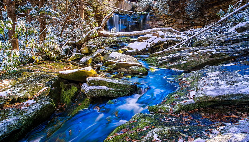 Blue Waters Run Deep, Forest, Ledges, Winter to Spring, Nature, Beauty, Stream, Trees, Rushing Water, Green, Waterfall, Snow, Rocks, Blue, HD wallpaper