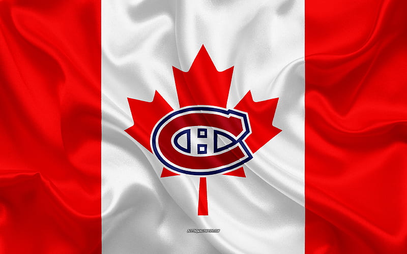 Montreal Canadiens logo, emblem, silk texture, Canadian flag, Canadian hockey club, NHL, Quebec, Montreal, Canada, USA, National Hockey League, hockey, silk flag, HD wallpaper