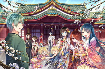 Anime Girls Friends Anime Boy Kimono Colorful Laughs Traditional Building Hd Wallpaper Peakpx