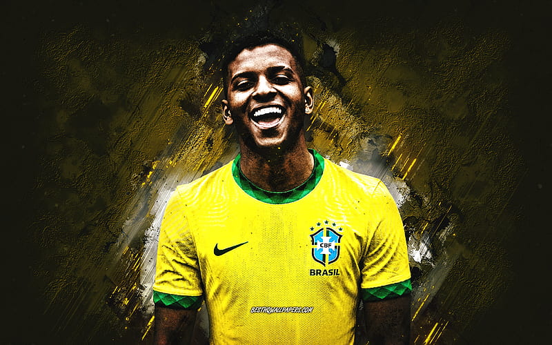 Rodrygo, Brazil national football team, portrait, yellow stone background, Brazil, football, Rodrygo Goes, HD wallpaper