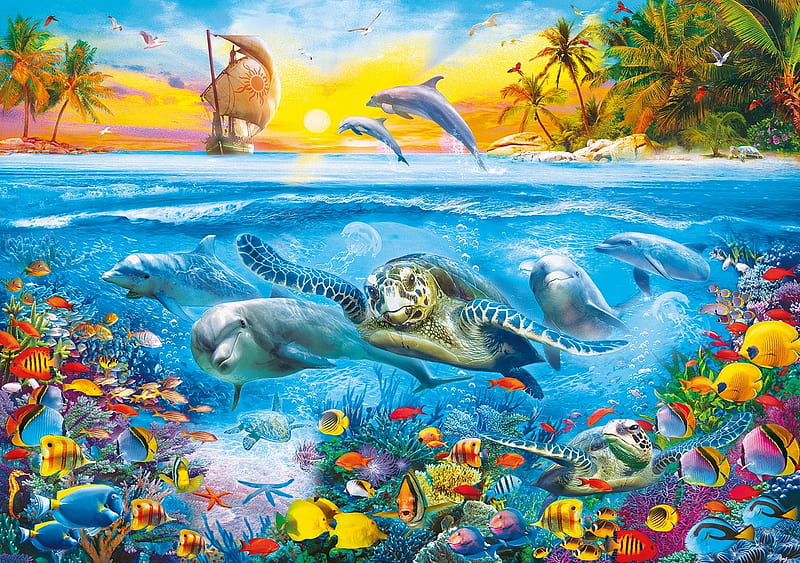 Underwater, colorful, reef, fish, yellow, animal, sea, fantasy, vara, blue, luminos, ocean, coral, turtle, dolphin, ship, summer, island, HD wallpaper