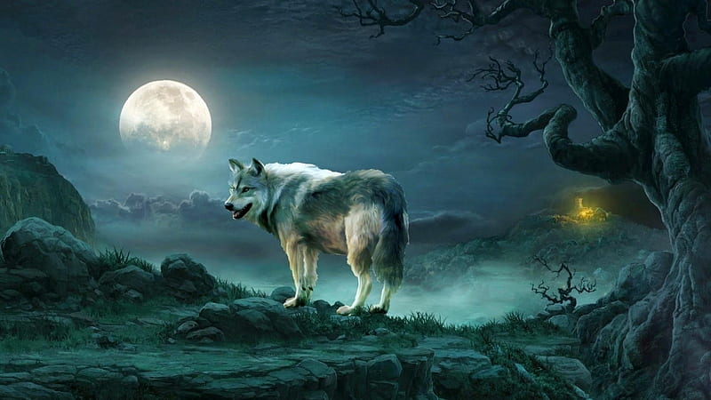 Wolftime, night, art, predator, moon, digital, wolf, twilight, HD wallpaper