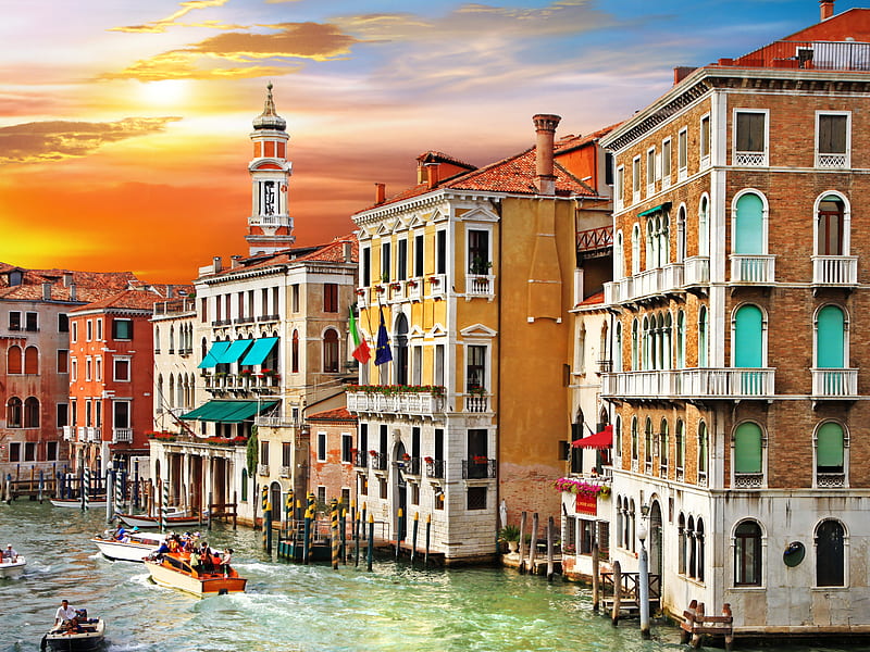 Beautiful Venice, architecture, grand canal, house, Italia, Italy, bonito, sunset, gondolas, clouds, sea, boats, boat, splendor, beauty, amazing, lovely, view, houses, buildings, colors, sky, Venice, peaceful, nature, gondola, HD wallpaper