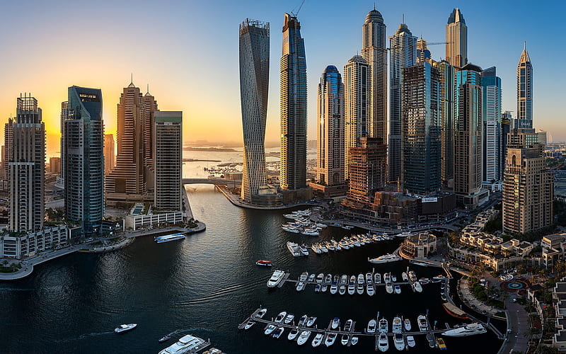 Dubai, UAE, morning, sunrise, skyscrapers, modern buildings, luxury yachts, luxury life, Dubai Marina, United Arab Emirates, HD wallpaper