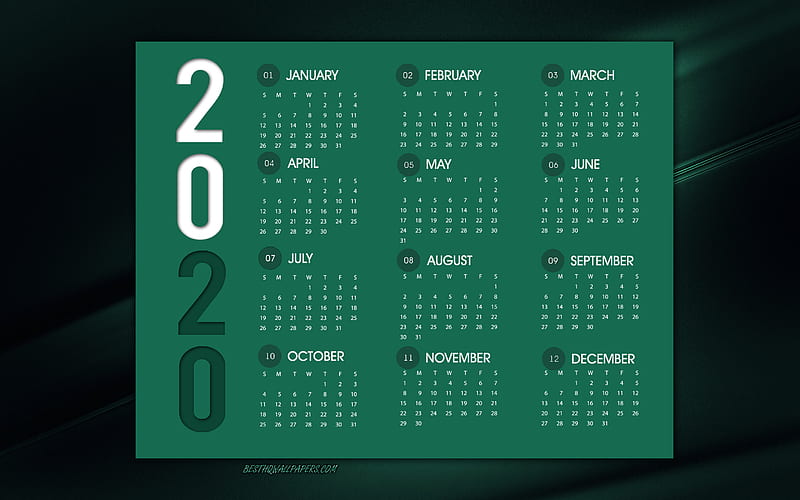 2020 Calendar, dark green background, 2020 green calendar, stylish background, 2020 concepts, creative art, 2020 Calendar all months, HD wallpaper
