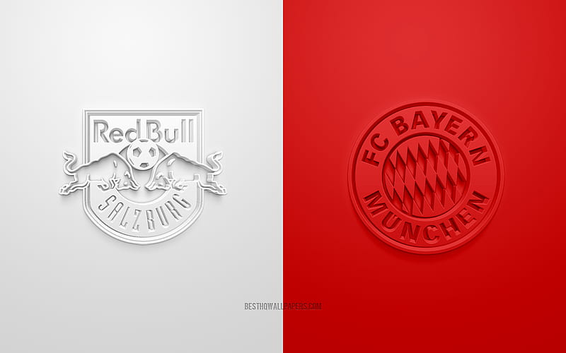 Red Bull Salzburg vs Bayern Munich, UEFA Champions League, Group А, 3D logos, white red background, Champions League, football match, Bayern Munich FC, Red Bull Salzburg, HD wallpaper