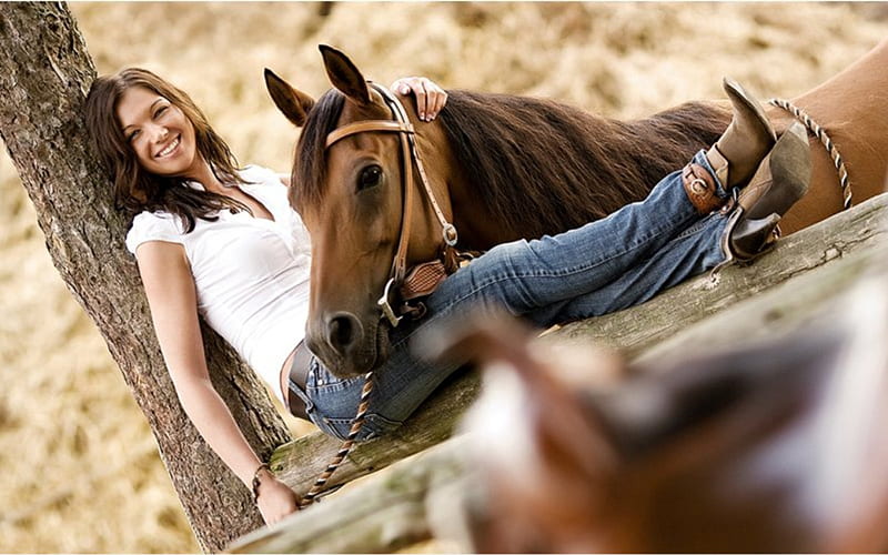 Cowgirl and Her Horse, fence, female, cowgirl, saddle, horse, woman, HD wallpaper