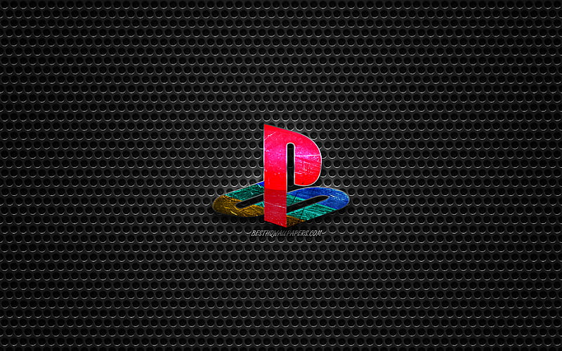 PS4 logo, Playstation 4, steel polished logo, PS4 emblem, brands, metal mesh texture, black metal background, PS4, Playstation, HD wallpaper