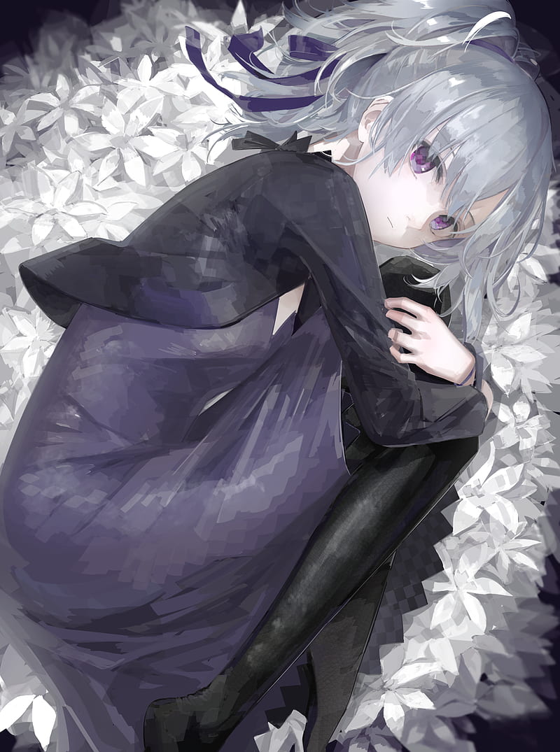 anime girl with silver hair and purple eyes