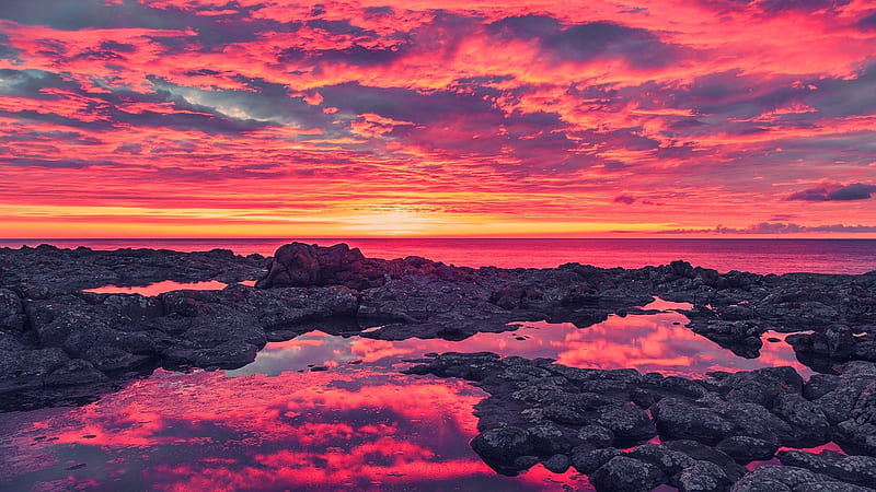 spectacular red sunset over rocky shore, red, rocks, shore, sunset, reflection, clouds, sea, HD wallpaper