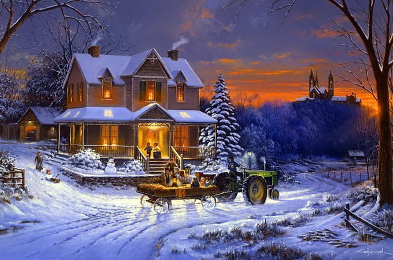 Winter scene, art, house, christmas, holiday, dusk, bonito, lights, winter, tree, snow, painting, evening, scene, HD wallpaper