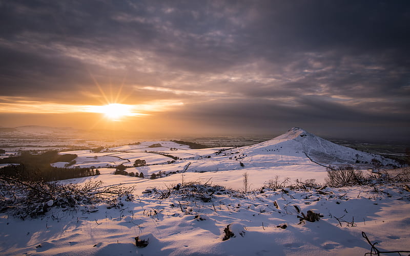 hills, landscape, winter, snow, sunset, HD wallpaper