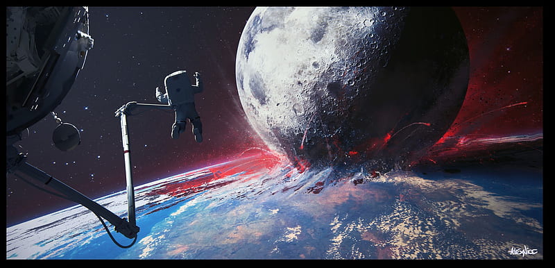 Astronaut Space Planet Earth Moon Collision Artwork Fantasy