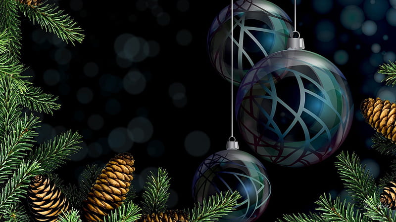 Holiday Season, christmas, holiday, new years, cones, winter, tree, balls, decorations, dark, fir, blue, spruce, HD wallpaper
