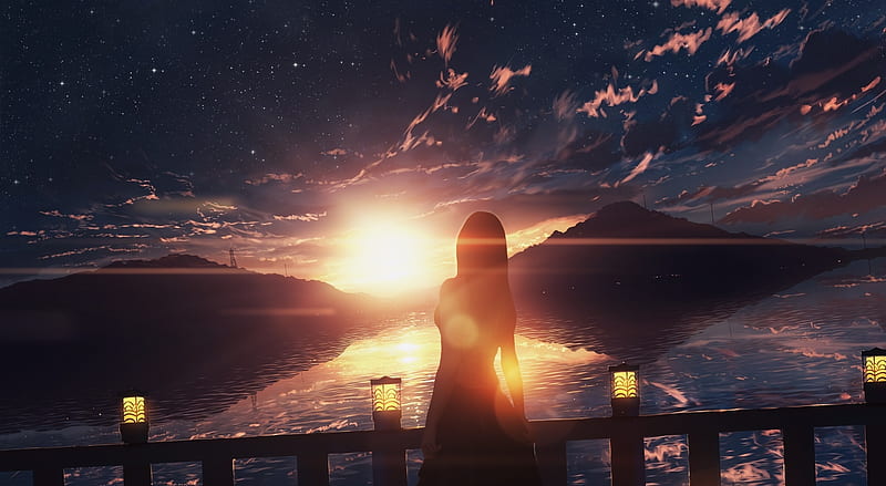 Beautiful Sunset Ultra, Artistic, Anime, night sky, stars, sunset, ocean, sea, woman, lady, sun rays, HD wallpaper