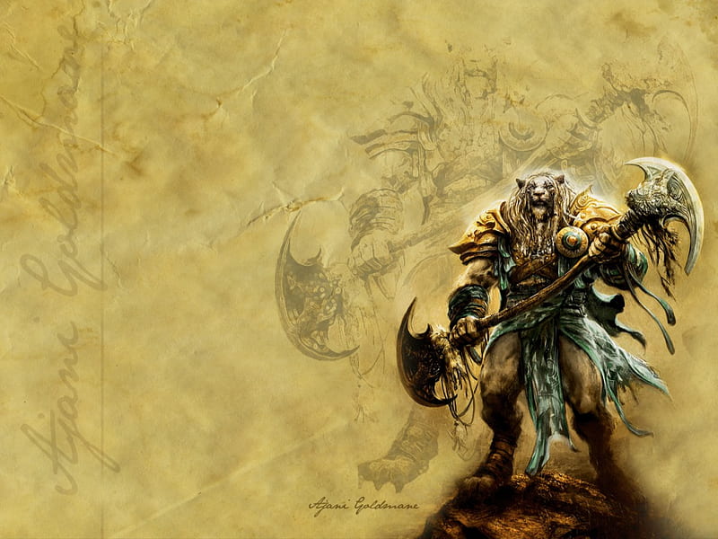 Ajani-Goldman, fantasy, warrior, golden, shield, brawn, HD wallpaper