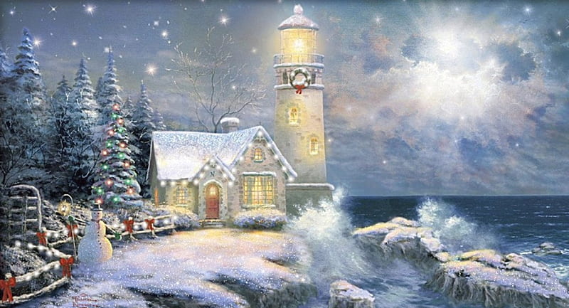 Lighthouse christmas spirit, colorful, christmas, ocean, bonito, lighthouse, winter, splendor, magical, peaceful, color, season, light, HD wallpaper